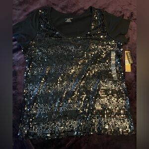 DKNY Black Sequin Short Sleeve Scoop Neck Top